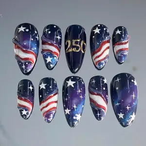 D6 - Galaxy American Flag 250 Press-On Nails, Starry Night Sky with Red White Wave Stripes and Gold 250 Detail, Glossy Handmade Nail Set for Independence Celebration Vibes, Gift for Her, Holiday Nails
