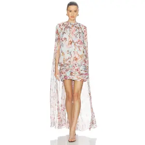 HEMANT AND NANDITA Ruched Cape Mini Dress in Blue