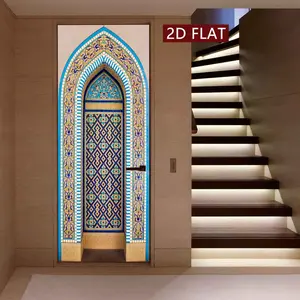Islamic Style Colorful Door Decorative Sticker, 2 Counts Easy Apply Peel & Stick Door Sticker, Waterproof & Scratch Resistant Decoration Painting, Home Decor Decoration Items, Ornaments