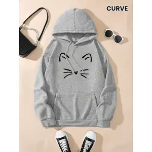 Cute Cat Print Hoodie 100% Cotton Kangaroo Pocket Hoodies Sweatshirt Women's Casual Fall Winter Clothing Micro Elasticity