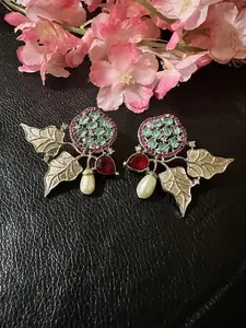 Stones Stud Earrings in Silver Polish - Elegant Pakistan Design with Embedded STONES & Versatile Appeal for Any Outfit