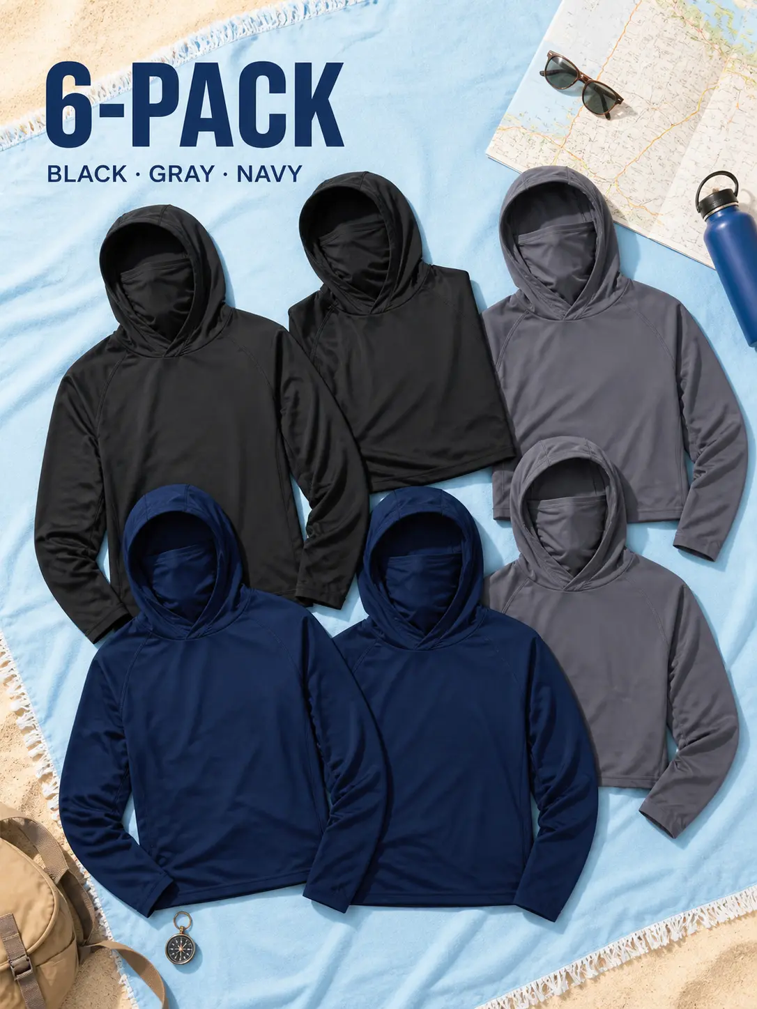 Men's UPF 50+ Hooded Sun Protection Shirt with Face-Covering Design, Long-Sleeve Outdoor Top for Fishing, Hiking and Travel, 6-Pack