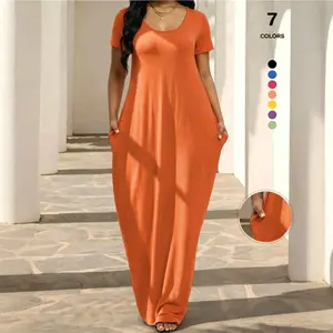 TFNOSIZE women’s casual dress with a crew neck, short sleeves, and pockets—elegant, minimalist, breathable, comfortable, and flowy. Fashionable knit loungewear/sleepwear for everyday wear at home. Womenswear, Beach, Spandex