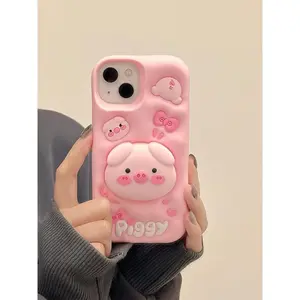 Cute Funny Pig Piggy Telescopic Bracket Case For iPhone 16 15 Pro Max 14 Plus 13 11 12 Pro Max Pink Silicone Stand Holder Cover