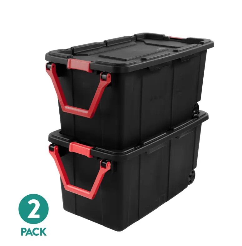 2-Pack Extra-Large Wheeled Industrial Storage Bins, 40-Gallon Durable Plastic Totes with Latching Lids and Pull Handles, Black