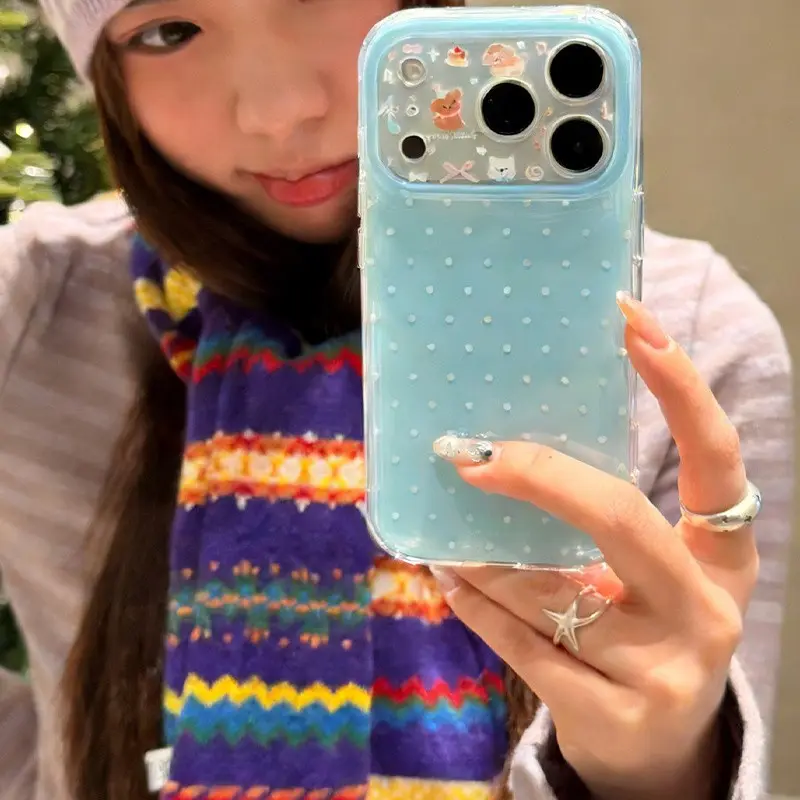 Protective Smartphone Case Cover Accessories Suitable for iPhone 11 12 13 14 15 16 17 Pro Max, IMD Mirror Shell, Blue minimalist polka dot cartoon animal, All inclusive protection, Best friend gift