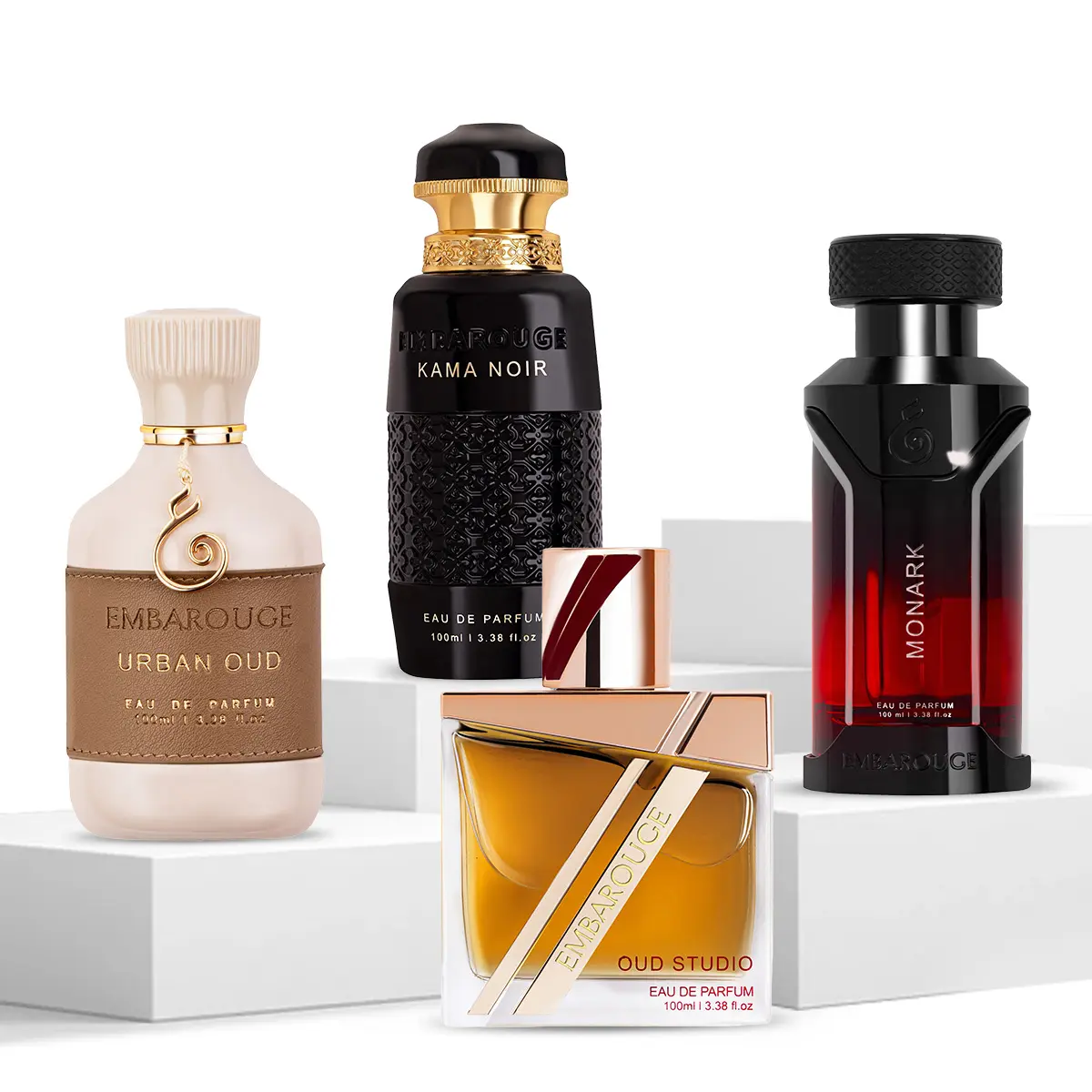 EMBAROUGE Urban Oud, Kama Noir, Monark & Oud Studio Perfume Combo for Men & Women | 4x100 ml | Urban Oud: Wood, Oriental & Fougere | Kama Noir: Fresh, Amber & Vanilla | Monark: Apple, Spicy & Amber | Oud Studio: Citrus, Woody & Amber | Eau de Parfum (EDP)