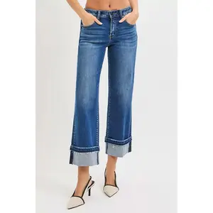 RISEN Ankle Straight Jeans with Cuffed Hem
