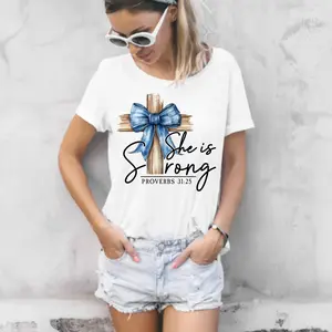 Graceful Easy-Durable Style "She Is Strong" Cross & Blue Bow Direct-To-Film (DTF) Ready-To-Press Print for T-Shirts (DIY Printmaking Embossing Accessory)