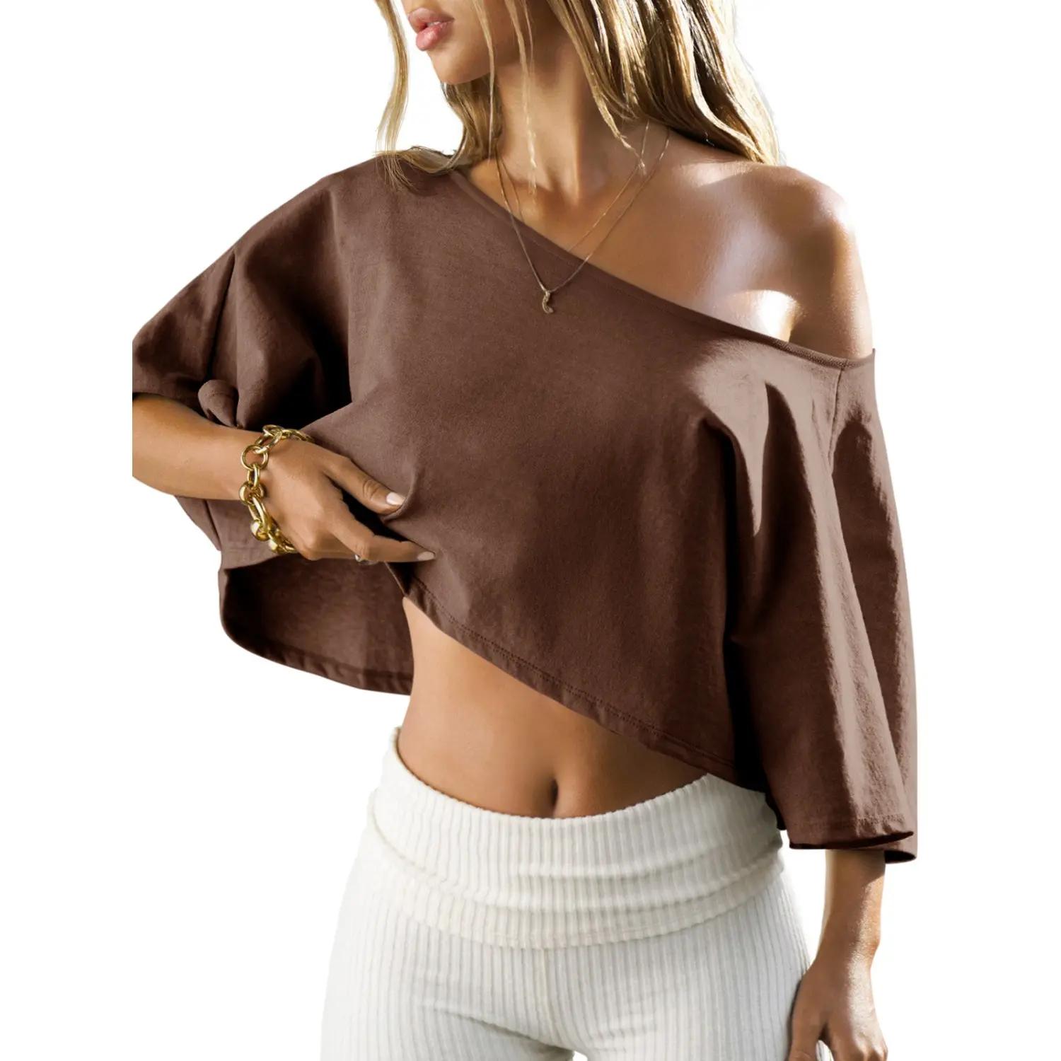 Womens Cotton Off-Shoulder Crop Top Loose Batwing Sleeve Asymmetrical Neck Casual Tee for Summer Daily Wear & Loungewear Womenswear