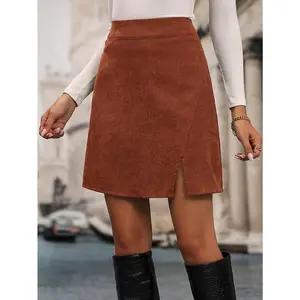 Corduroy High-Waist Skirt with Split Hem