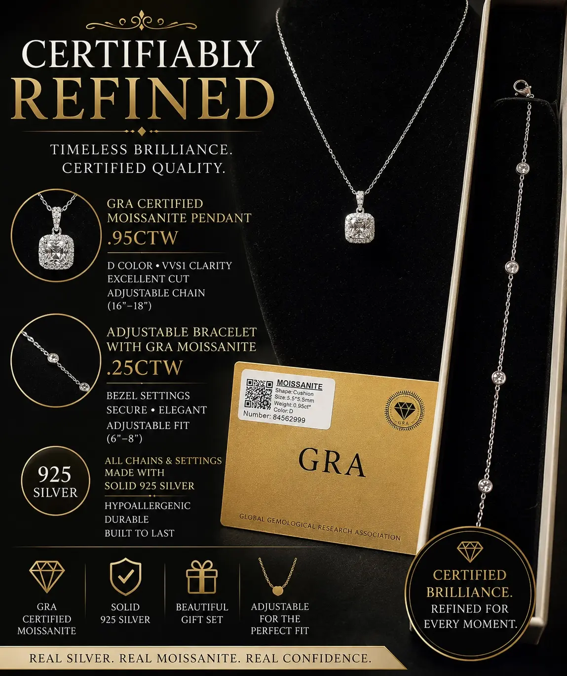 Certified and Refined- GRA Certified Moissanite Necklace + 3 Stone Bracelet | Solid 925 Silver Gift Set