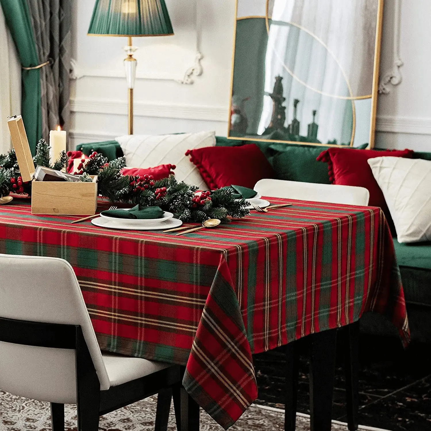Christmas tablecloth in red, checkered rectangular design. Metallic woven fabric tablecloth with dust-proof and wrinkle-resistant properties. Heavyweight polyester construction, ideal for festive kitchen dining tables.