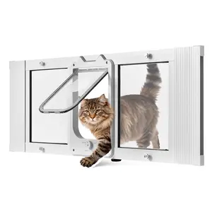 Window Cat Door, Adjustable Fit for 35-40 Inch Windows, 4 Locking Modes, Aluminum Frame With Clear High-Transparency Glass, Magnetic Closure, Weatherproof Quick-Fit Pet Door for Indoor and Outdoor Cats, White