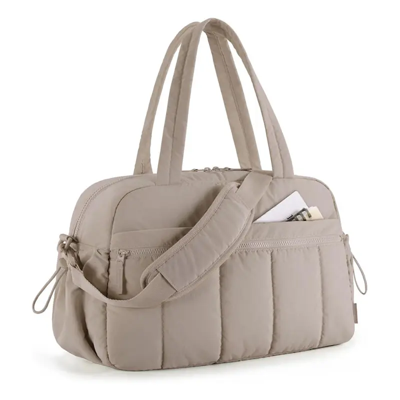 Puffy Quilted Duffel Bag for Women, Lightweight Multi-Compartment Travel Weekender with Wet Pocket & Suitcase Sleeve, High-Capacity Gym Carry-On, Built-In Organizer, Female