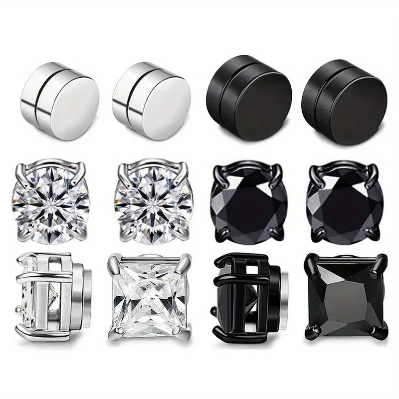 {Comfort Earrings} Magnetic Men's Perforated Ear Clips, Fashion Style Zircon Magnetic Ear Clips, Silver and Black Punk False Ear Clips