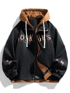 Autumn And Winter Men's Fake Two-Piece Jacket Trendy Letter Print Casual Sports Colorblock Hooded Couple Coat Sweatshirts