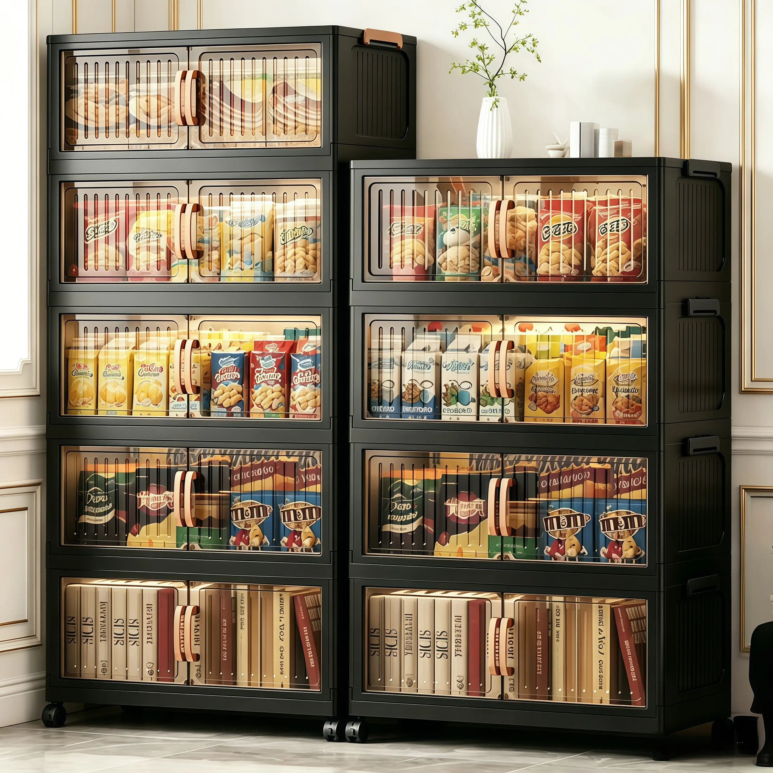 Folding Storage Cabinet, Stackable Double‑Door Plastic Storage Organizer with Clear Visible Door, No Assembly Rolling Storage Unit with Universal Wheels & Carry Handle, for Snacks Books Office Supplies Household Sundries, Black