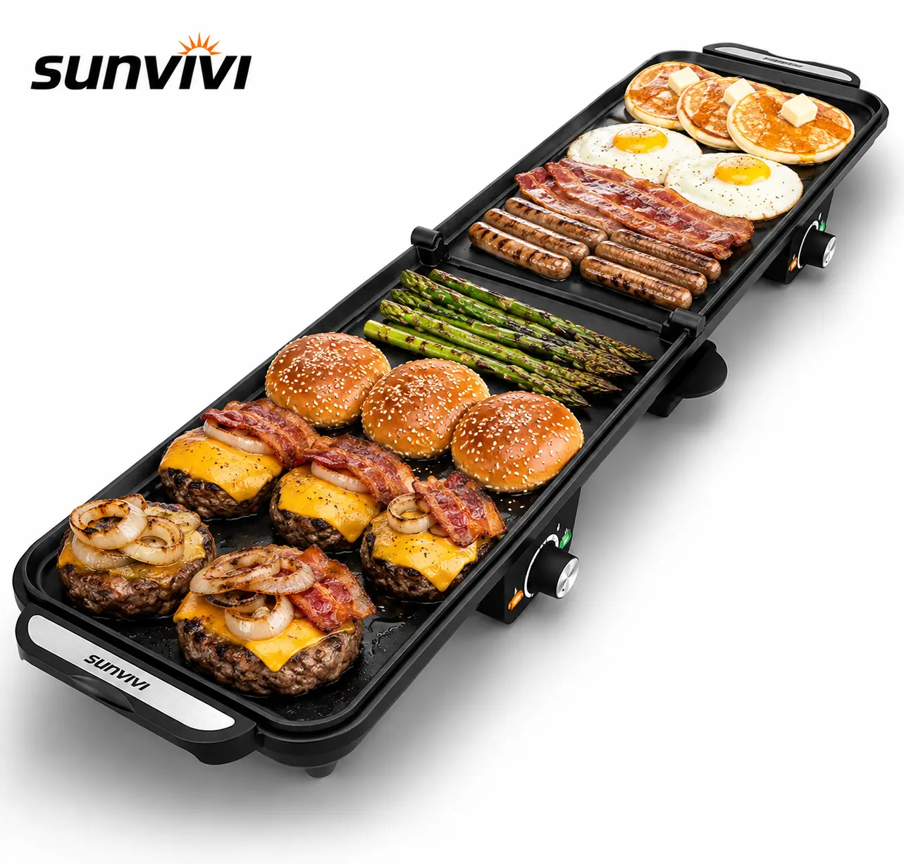 Sunvivi 38'' Extra Large Electric Griddle - Foldable Grill Nonstick Plate | with 2 Adjustable Temp Knobs & Drip Tray,Easy to Clean,1600W for Indoor/Outdoor Teppanyaki BBQ,non-stick frying pan,Griddle Pan，grease tray