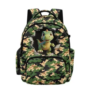 Camo Dinosaur Polyester Kids' Backpack, 17in Lightweight Sturdy Rucksack with Multi Compartments, Spacious Student Bookbag Fits A4 Folders & Laptop, Dual Side Pockets for Water Bottles, Ideal for Middle School