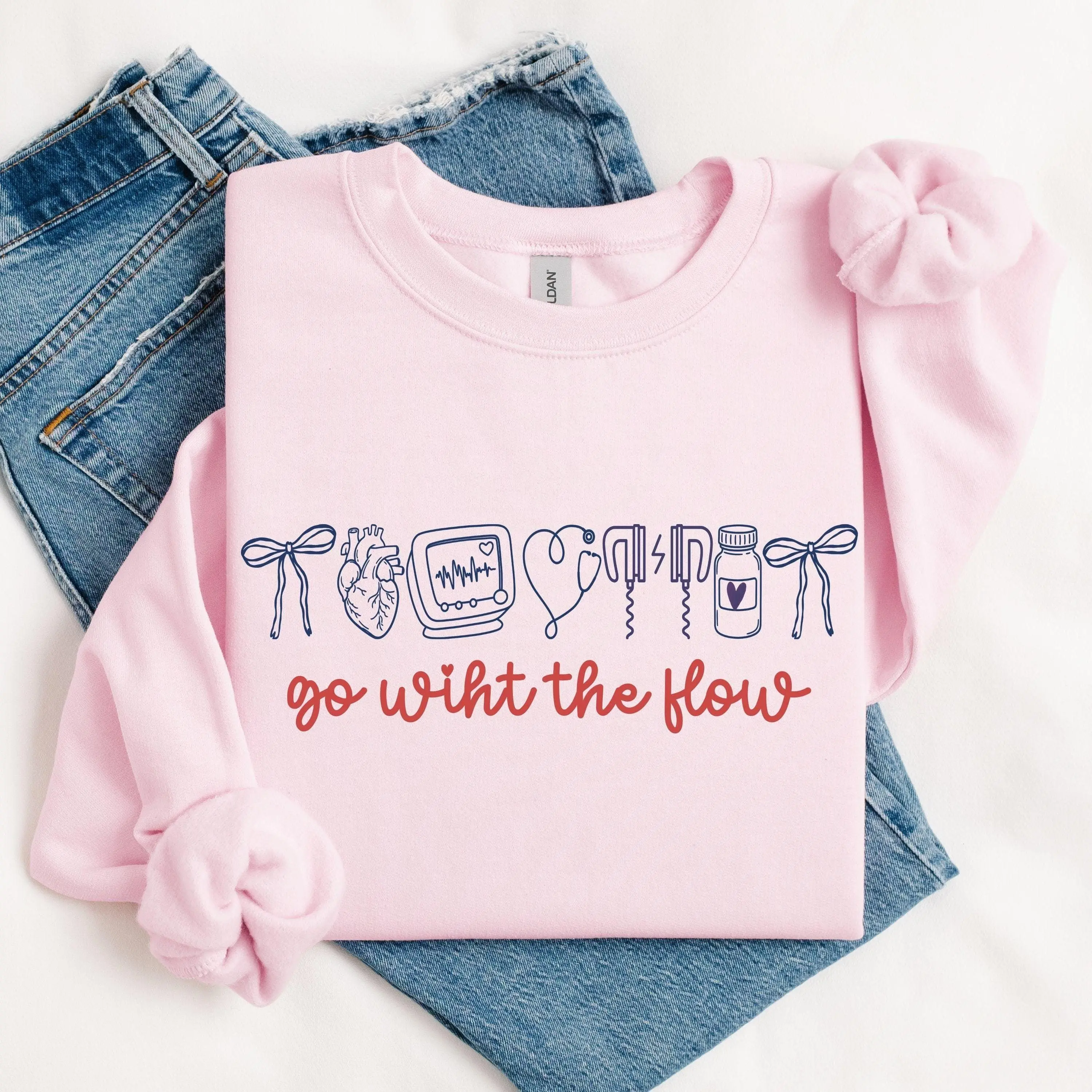 Go With The Flow T-Shirt, Sweatshirt & Hoodie - Cardiology Crewneck, Heart Doctor Tee Gift, Cardiac Nurse Graphic, Hospital Wear for Women