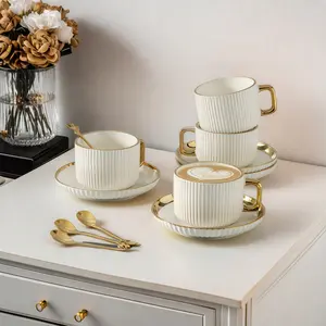 4 Cup 4 Saucer 4 Spoon Coffee Mug Set, Beverage Cup Set, Coffee Cups, Perfect for Latte Cappuccino Espresso Mocha Afternoon Tea Birthday Wedding Christmas Gift Dishwasher Safe