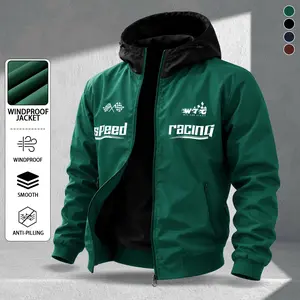 Men’s American racing letter print hooded jacket for spring/autumn, casual windproof retro sports baseball jacket, youth streetwear zip-up cardigan, versatile everyday commuter top, wear-resistant breathable outdoor functional jacket available in multiple