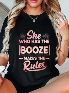 100% Cotton She Who Has The Booze Makes The Rules Bartending Funny T-Shirt