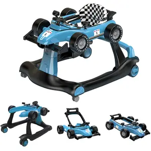 4-in-1 Baby Walker, Foldable Activity Walker with Adjustable Height & Speed, Music, Lights, Steering Wheel, Activity Baby Push Walker  Boys Girls Aged 6–18 Months (Blue)