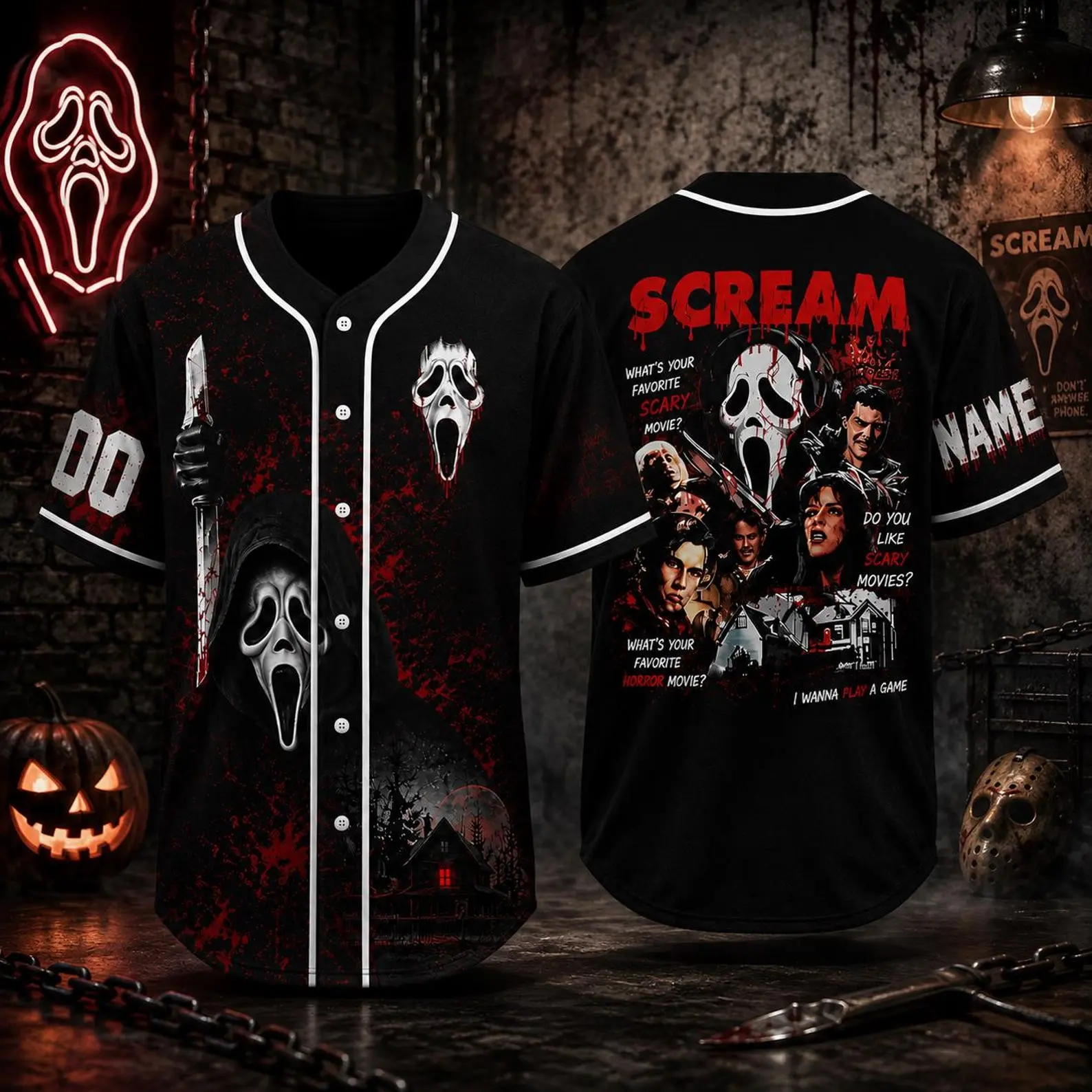 Personalized Ghostface Halloween Jersey, Custom Name Number Horror Baseball Shirt, Scary Slasher Button Down, Spooky Season Fan Gift