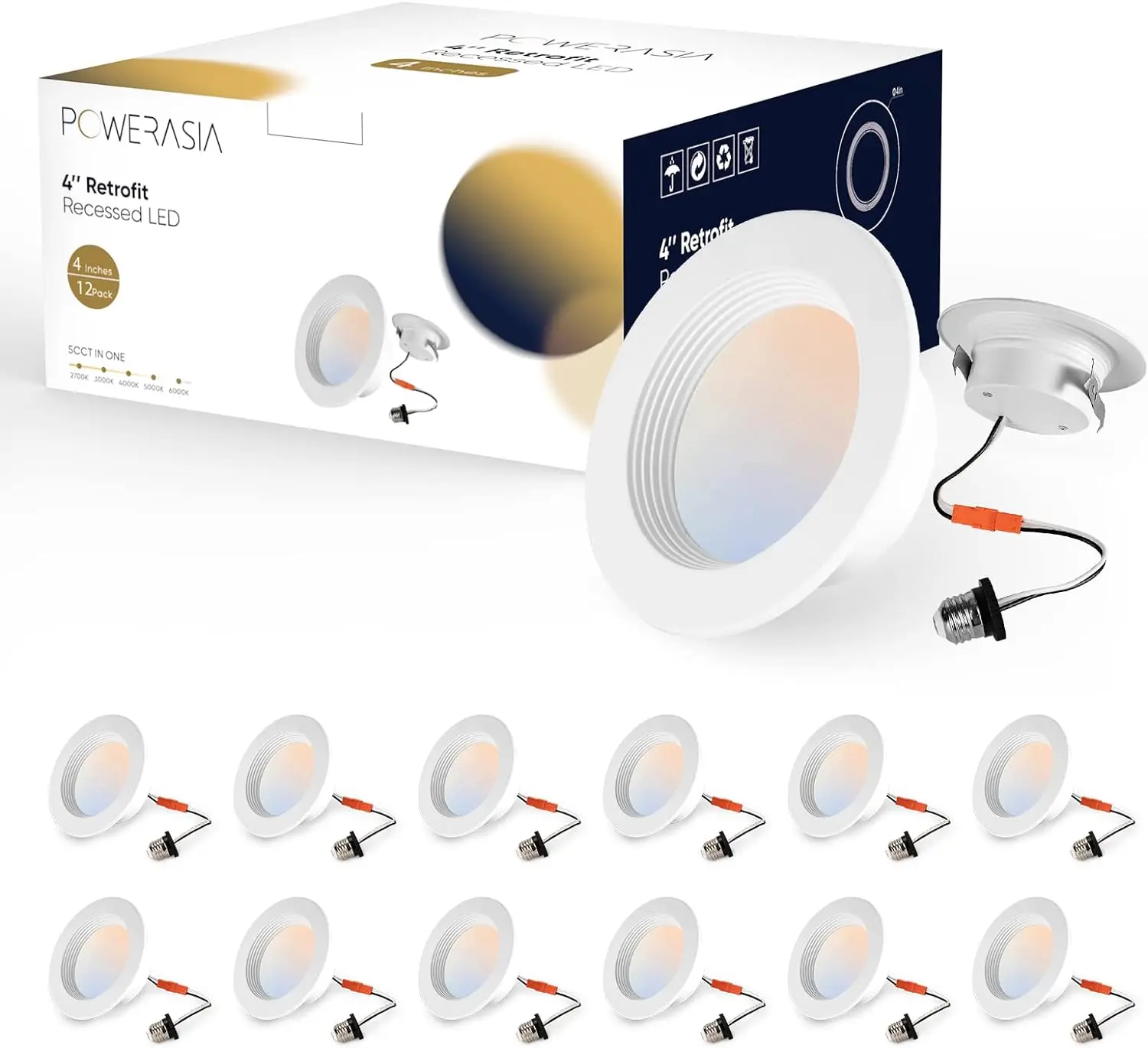 POWERASIA 4-in Recessed LED Can Lights, 5CCT Dimmable Adjustable Lighting Downlights, Panel Pin Ceiling Lights for Bedroom, Living Room, Corridor