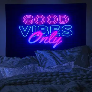 Colorful Good Vibes Fluorescent UV Reactive Tapestry - Large Size Indoor Wall Hanging Decor with Free Hanging Accessories for Living Room, Bedroom & Home Interior Decoration |   Easy Install.