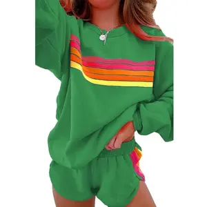 Women's St. St. Patrick’s Day striped accent pullover and shorts two-piece casual winter outfit, suitable for comfortable everyday wear — clothing, casual wear, cute and chic long-sleeved crewneck high-waisted women’s apparel GARMENTARY