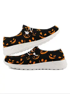 Women's Halloween Themed Cartoon Pumpkin Print Lace Up Low Top Sneakers, Casual Comfortable Breathable Sports Running Shoes, All Match Round Toe Shoes for Daily Wear