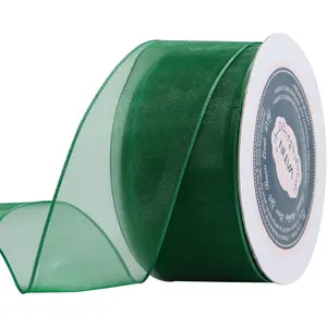 Forest Green Organza Wired Ribbon, 1-1/2" Green Sheer Ribbon with Metallic Edge for Christmas Tree Decoration  Wrapping Wedding Crafts -25 Yards