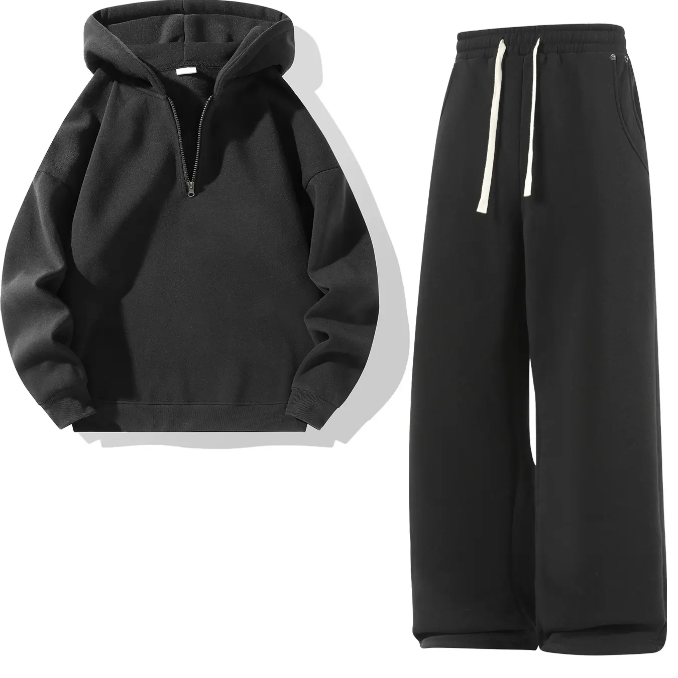 Men’s two-piece athletic set—half-zip fleece hoodie and solid-color drawstring pants with studs, featuring a loose fit and thick, soft fabric, suitable for autumn and winter wear at home and on the street.Men's sports casual set Men's loungewear set Men's