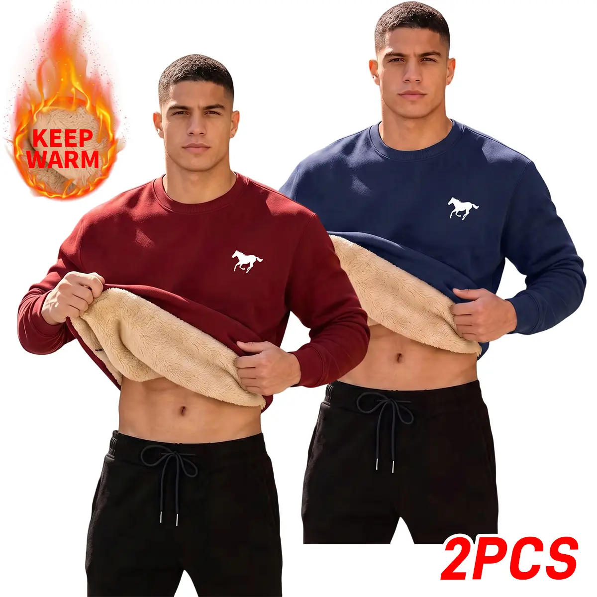 【JOGWAVE】Men’s fleece-lined warm sweatshirt, fleece pullover winter basic crewneck top