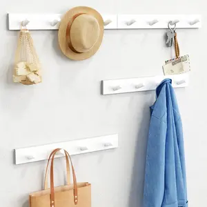 White Wall Mounted Coat Hooks 4 Pack, 16 Inch Heavy Duty Wood Entryway Coat Rack, Modern Large 16 Hooks for Hanging Hats Kids Clothes Bags Purses Caps Closet