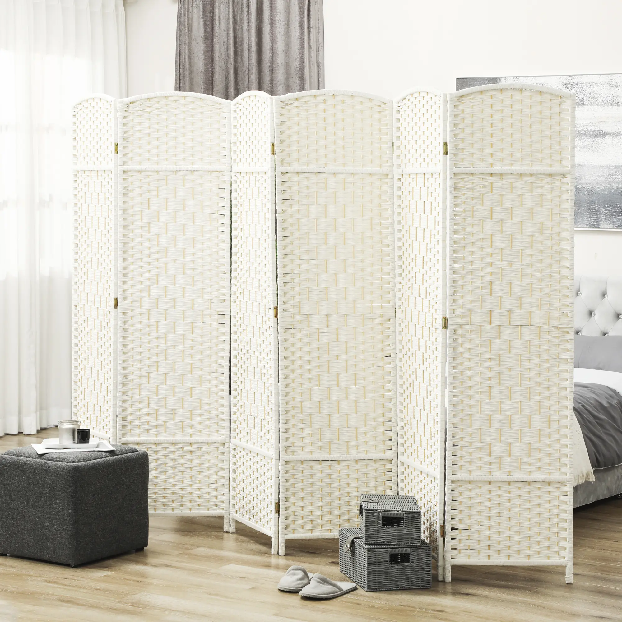 6' Tall Wooden Room Divider Screen - 6-Panel Freestanding White Modern Farmhouse Privacy Partition, Floor Standing Separator for Home Office, Bedroom, Living Room Decor