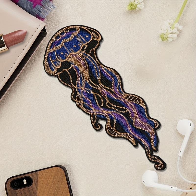 2 Pcs Jellyfish Iron-On Patches, Vivid Navy, Gold, and Black Ocean-Themed Embroidery Design, Heat-Press or Sew-On, Suitable for Jackets, Bags, Hats, Denim, Embroidered Craft Gifts for Men/Women