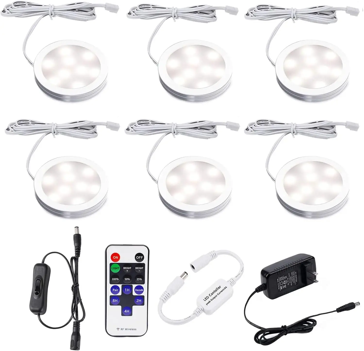 AIBOO Dimmable Under Cabinet Lights – 6 Ultra-Slim Puck LED Kit with RF Remote, Plug-in, Warm White, Easy Install, Energy Saving