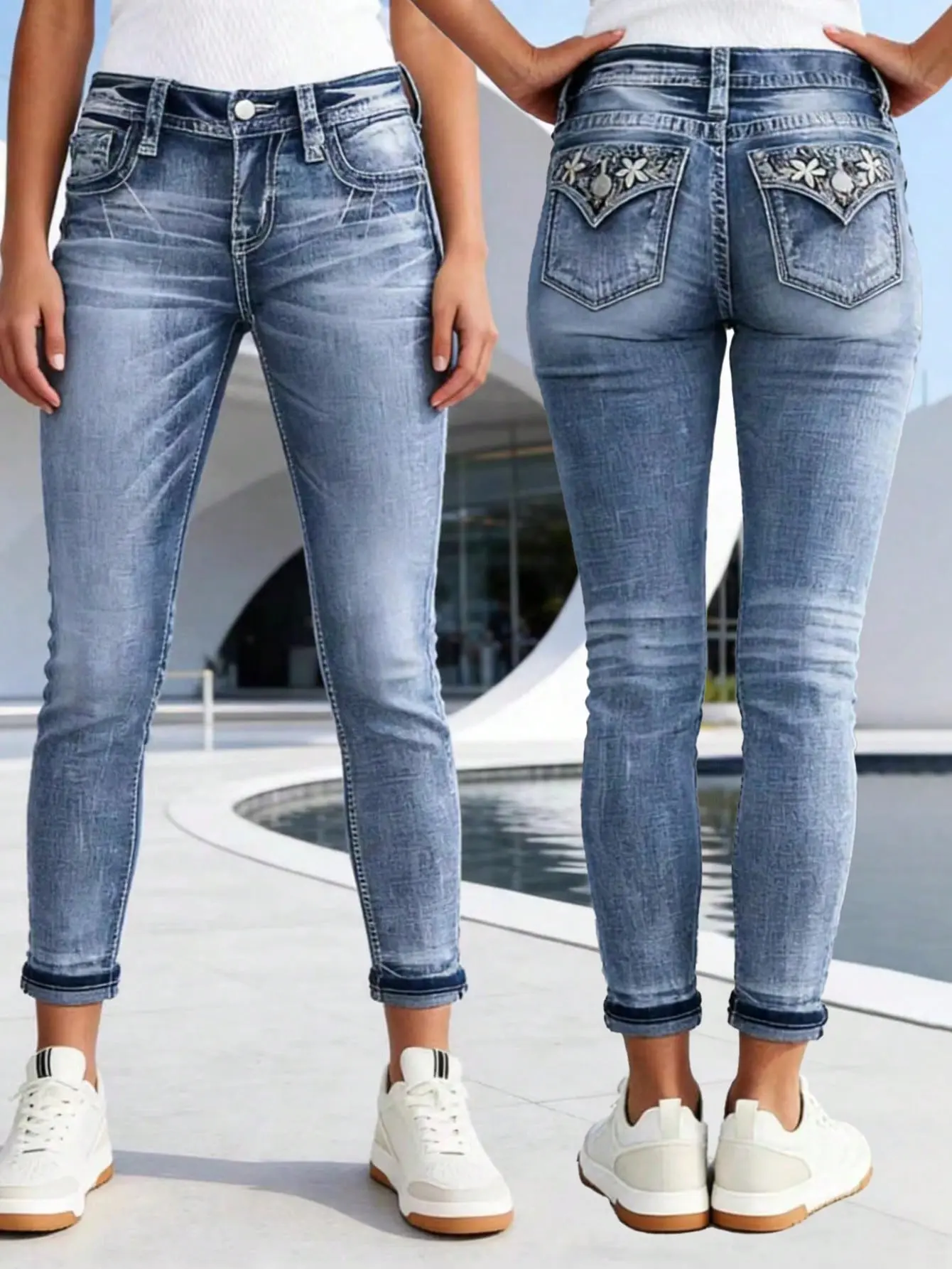 Women’s Mid-Rise Embroidered Slim Jeans - Light Wash Stretch Skinny Trouser with Tapered Leg, American Rolled Hem, Streetwear Minimalist Floral Design for Slimming Fit (Pair with Blouses), Vibe, Feminine, Soft, Denim, Vintage, Skinny Jeans, Embroidery, Ev