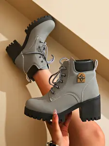 Women's Military Short Boots, Casual Comfortable High-Top Non-Slip One-Step Lace-Up Wide Mouth Design, Thick Sole Winter Boots, Winter Warm Boots