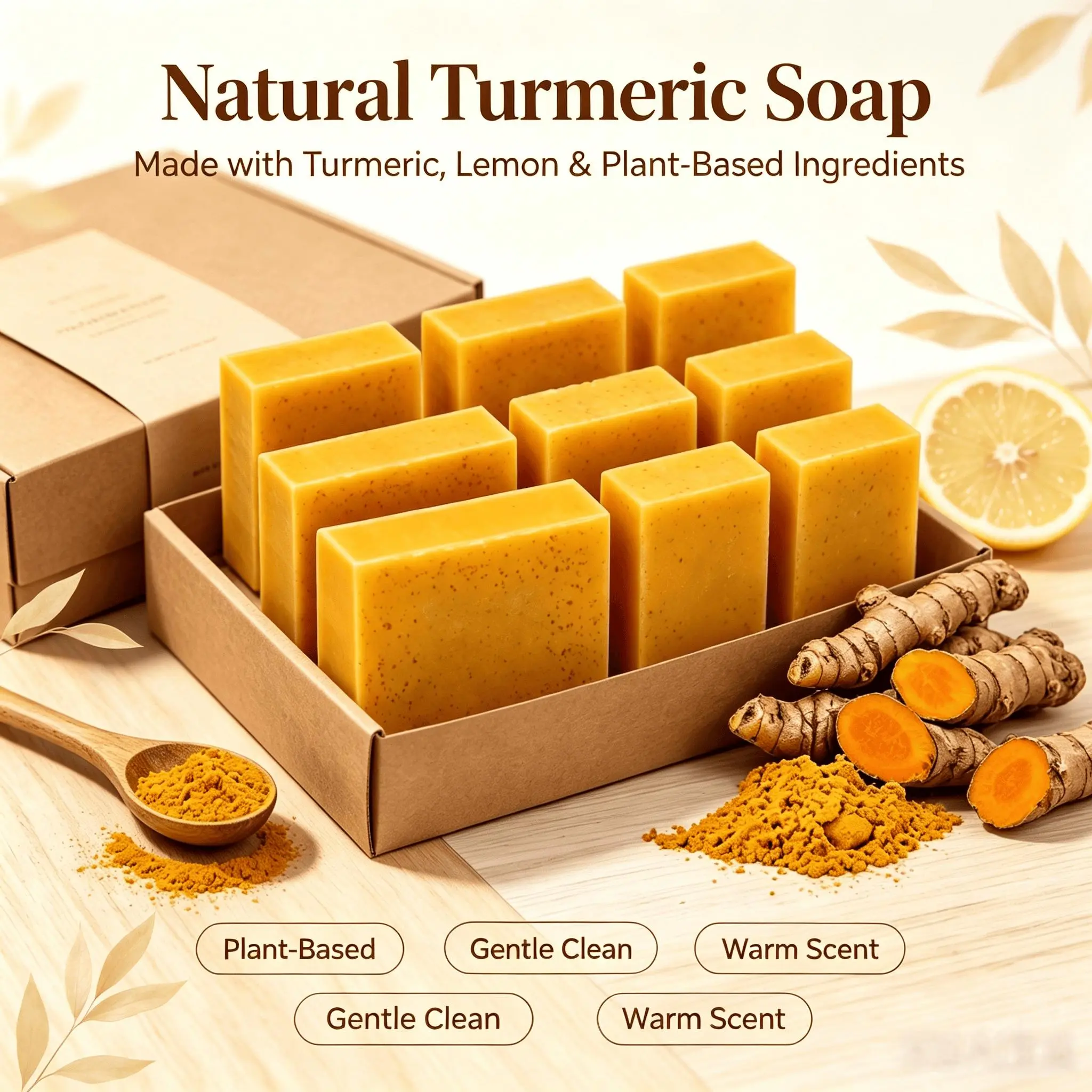 Natural Turmeric Soap Bar - Plant-Based Gentle Cleanser, Warm-Scent Body & Face Soap for Daily Acne Skin Care