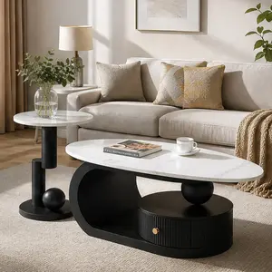 ARCH Modern Nesting Coffee Table Set of 2 Oval and Round End Tables for Living Room, White+Black Faux Marble MDF and Iron Frame, Space-Saving Combo Side Table Set for Small Spaces, Easy Assembly, White+Black Color Options, MDF+Iron Material