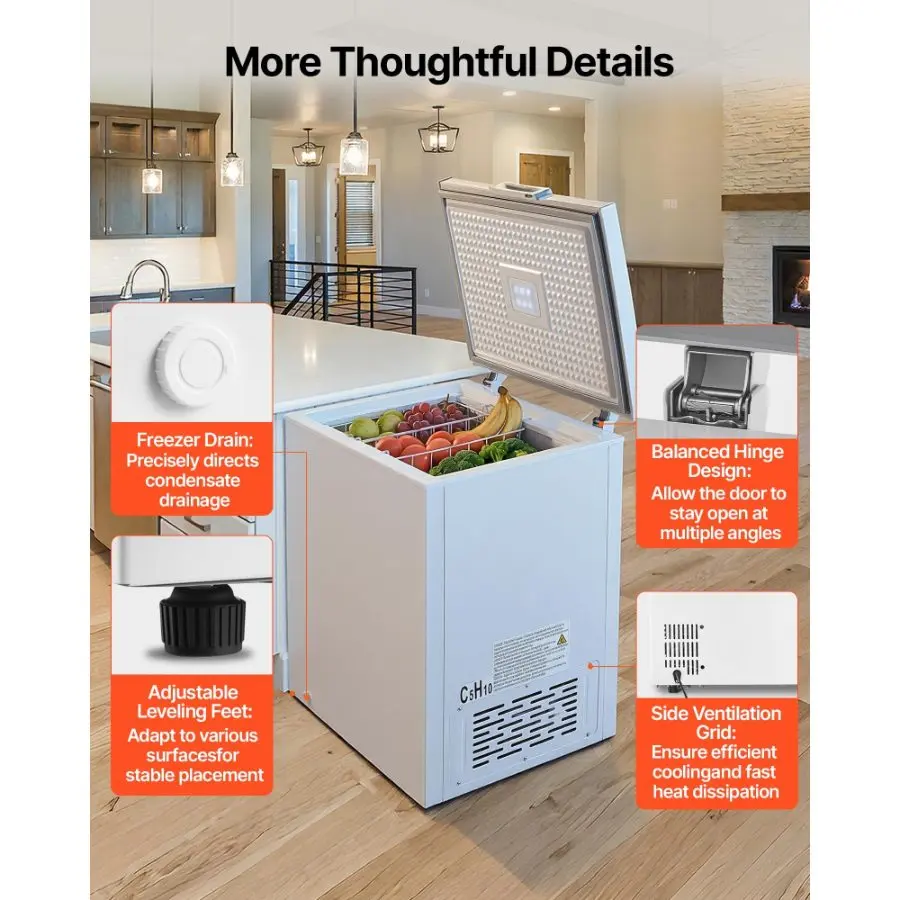 VEVOR Chest Freezer, 5 Cu. ft Compact Deep Freezer, Free Standing Top Open Door Chest Freezers with 2 Removable Baskets Adjustable Thermostat - Energy Saving, Low Noise Garage Ready, White