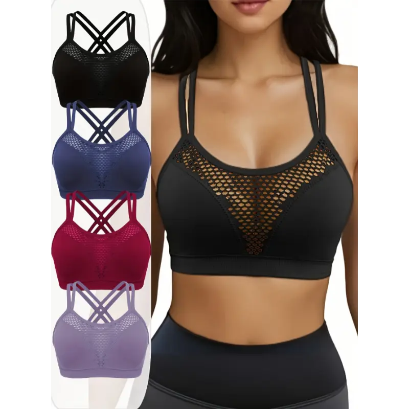 4pcs Solid Cross Straps Fishnet Sports Bra, Sexy Comfy Push Up Bra, Women's Lingerie & Underwear