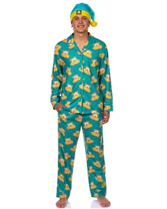 South Park Men's Snacky Cakes Wellington Bear Eric Cartman Coat Front Pajamas with Nightcap 3 Piece Set