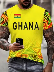 Ghana Flag Print Sporty T-Shirt, Athletic Tee, Men's African Ethnic Style Quick-Dry Breathable Casual Short Sleeve Top, Fitness T Shirt, Fitted Long Sleeveless Shirt, Athletic Apparel