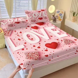 3-Piece Valentine'S Day Bedding Set, A Festive Gift, Featuring Heart-shaped Patterned and Love-Print Fitted Sheet Set, Perfect for A Girl'S Or Couple'S Bedroom DéCor. Simple, Stylish, Soft, and Comfortable, Includes 1 Fitted Sheet and 2 Pillowcases.